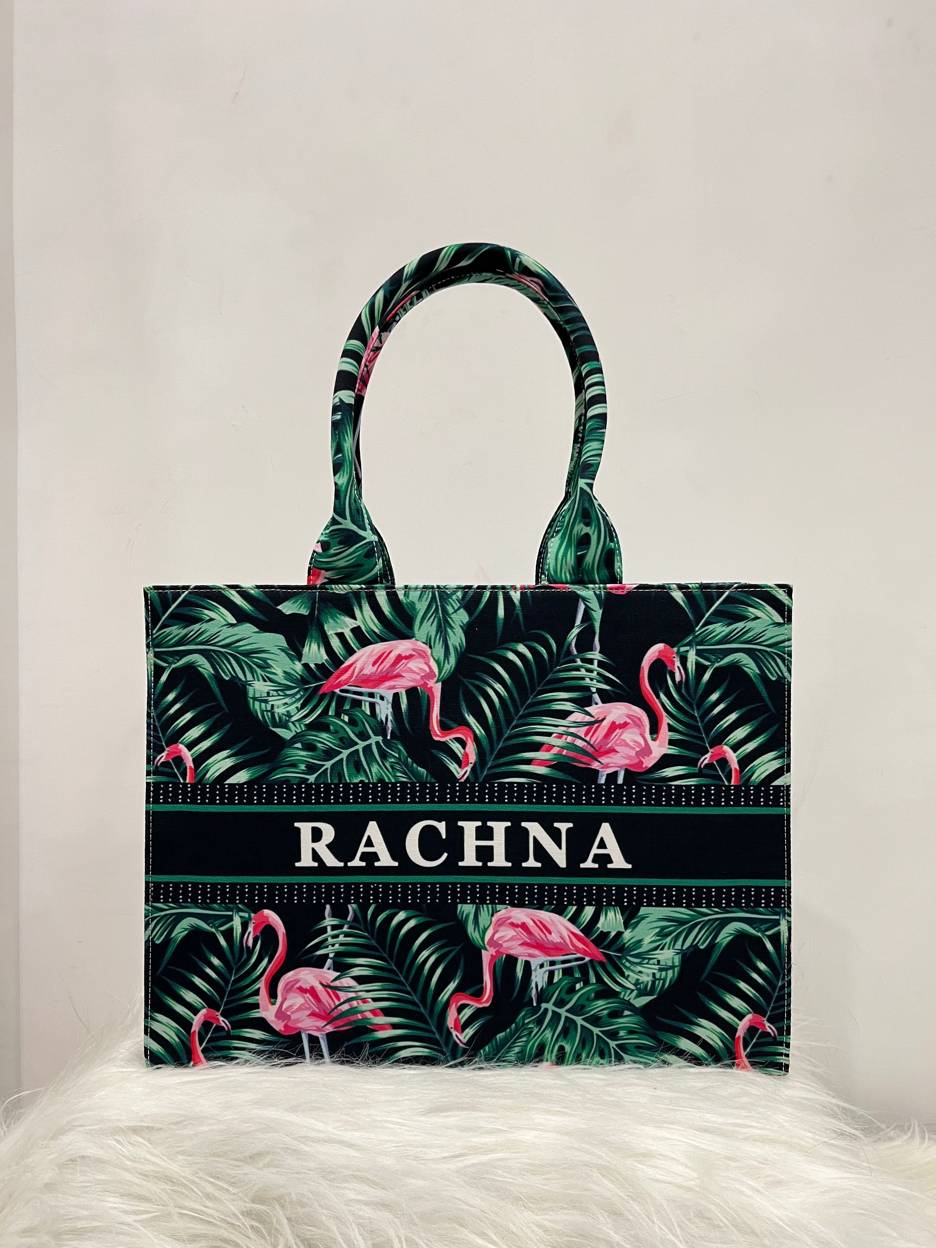 Flamingo and Leaves Tote Bag With Your Name