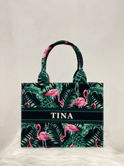 Flamingo and Leaves Tote Bag With Your Name