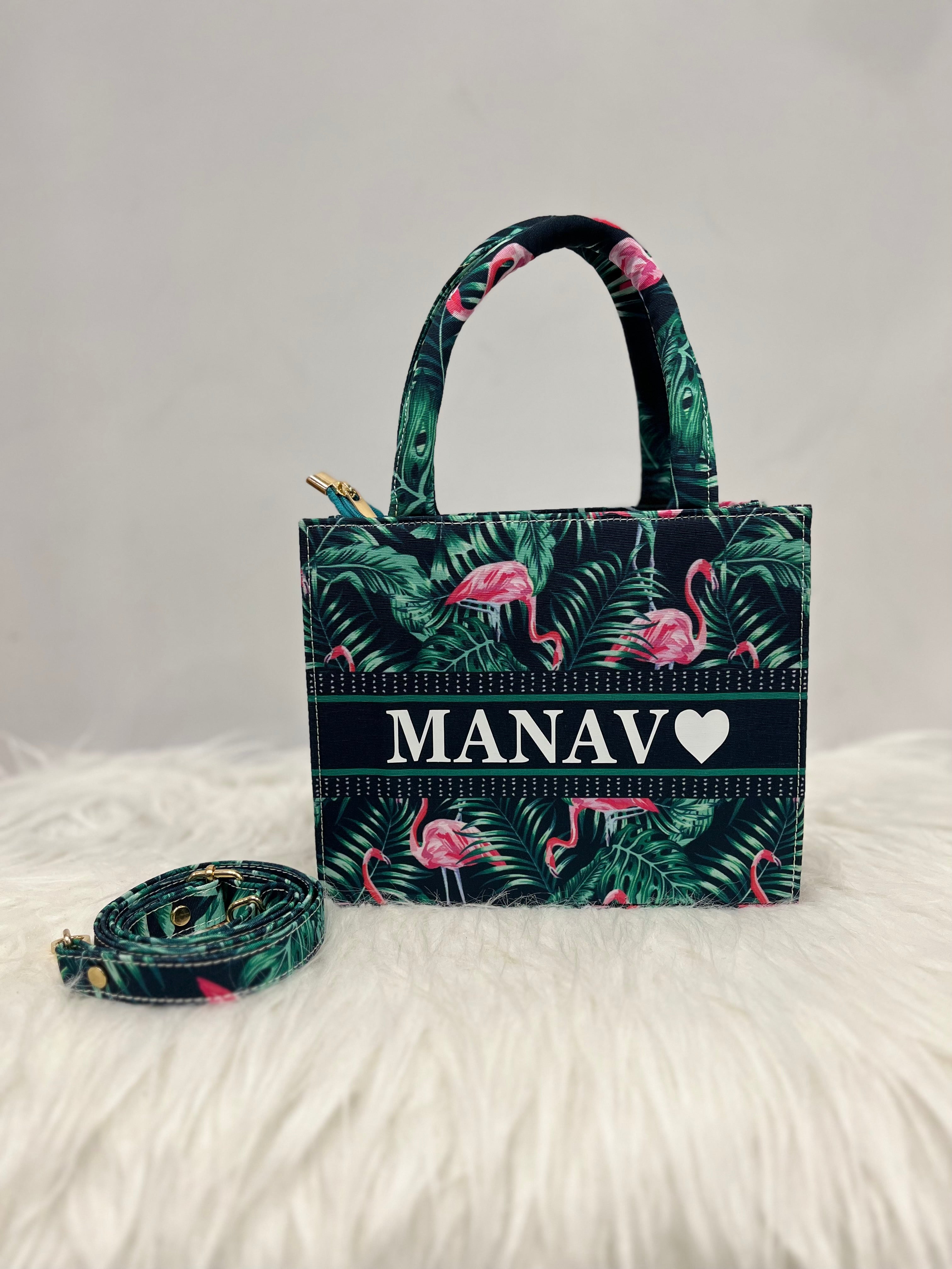 Flamingo And Leaves MINI Tote Bag With Your Name