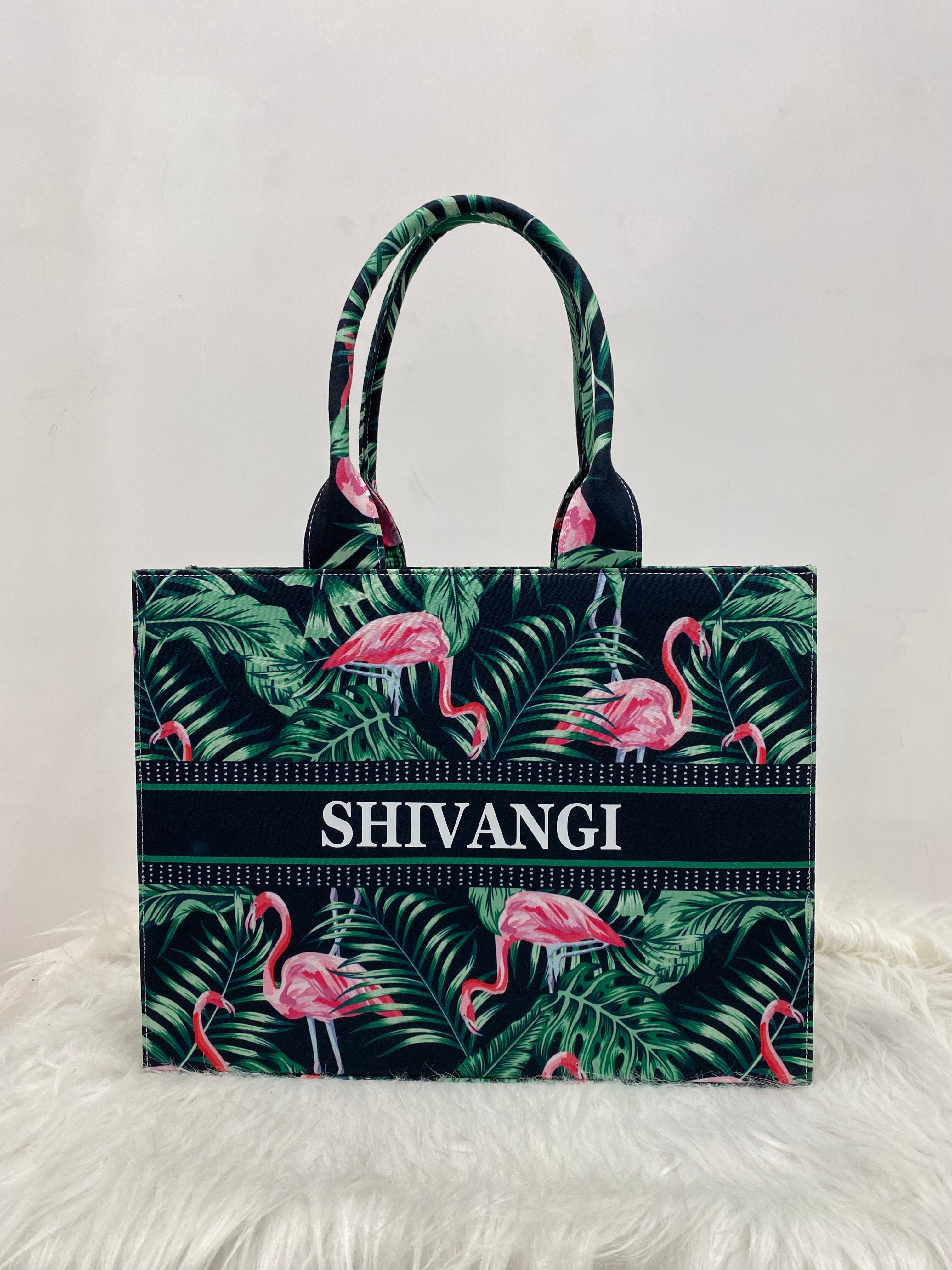 Flamingo and Leaves Tote Bag With Your Name