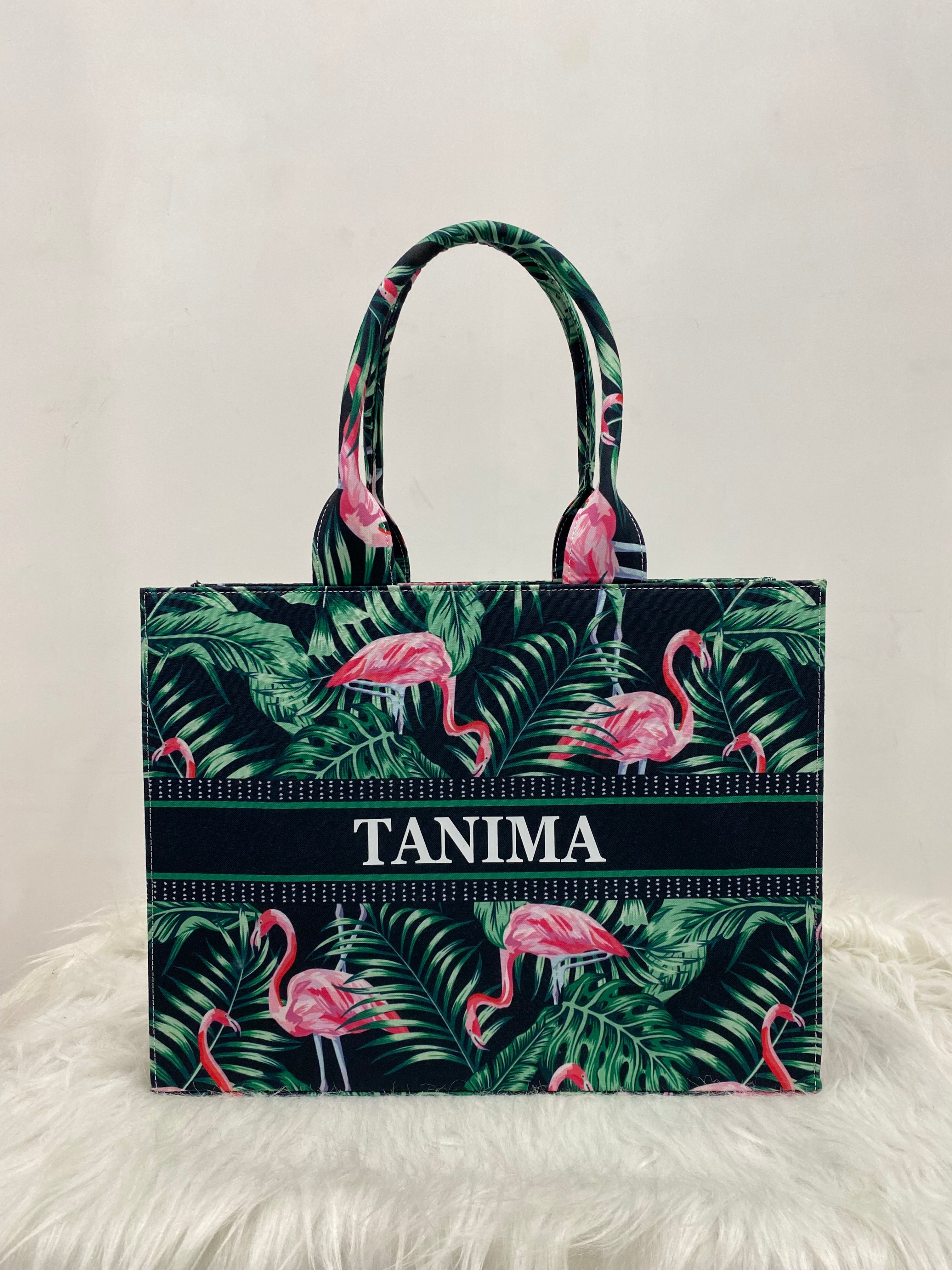 Flamingo and Leaves Tote Bag With Your Name