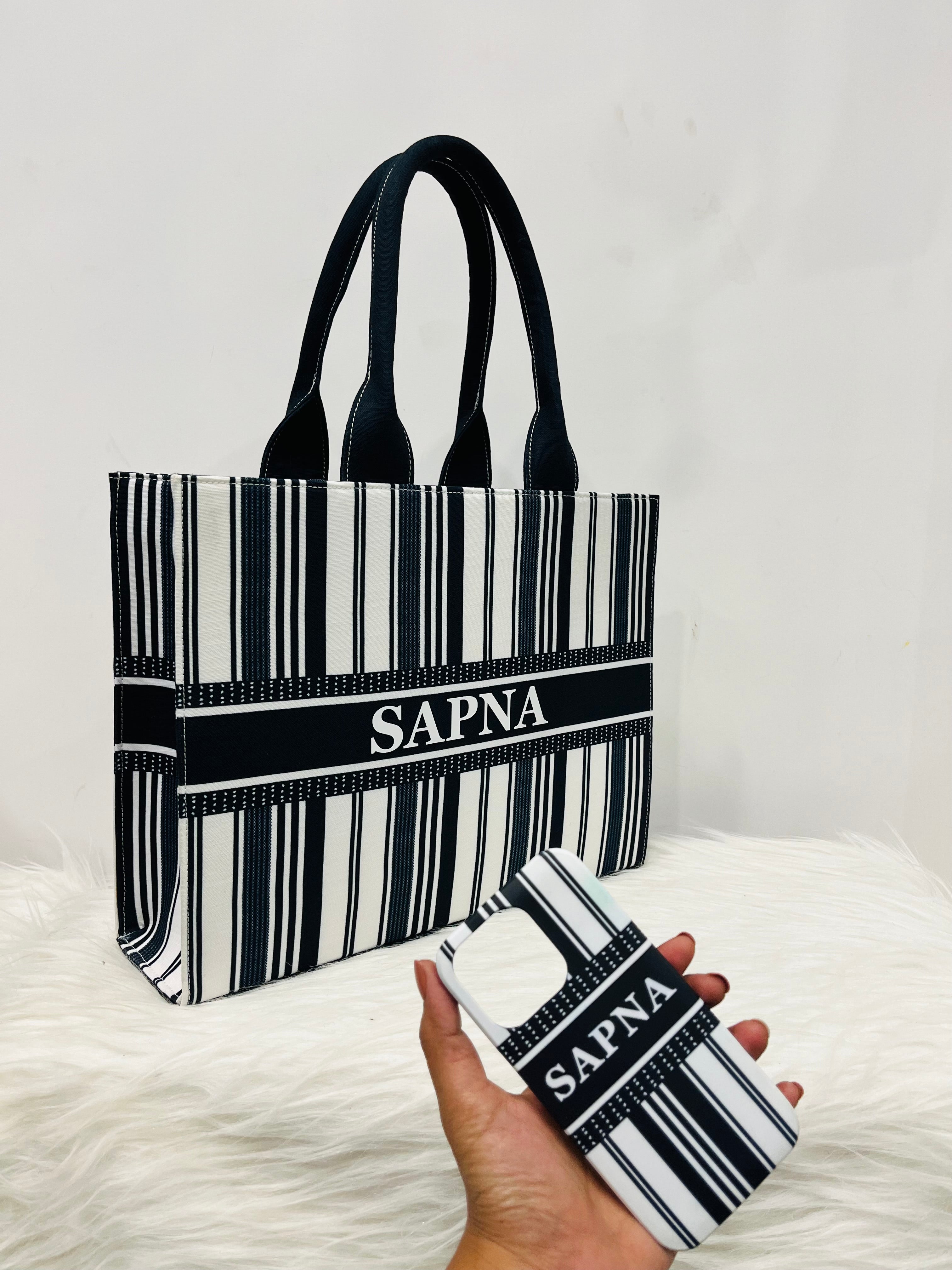 Black And White Stripe Tote Bag with your Name