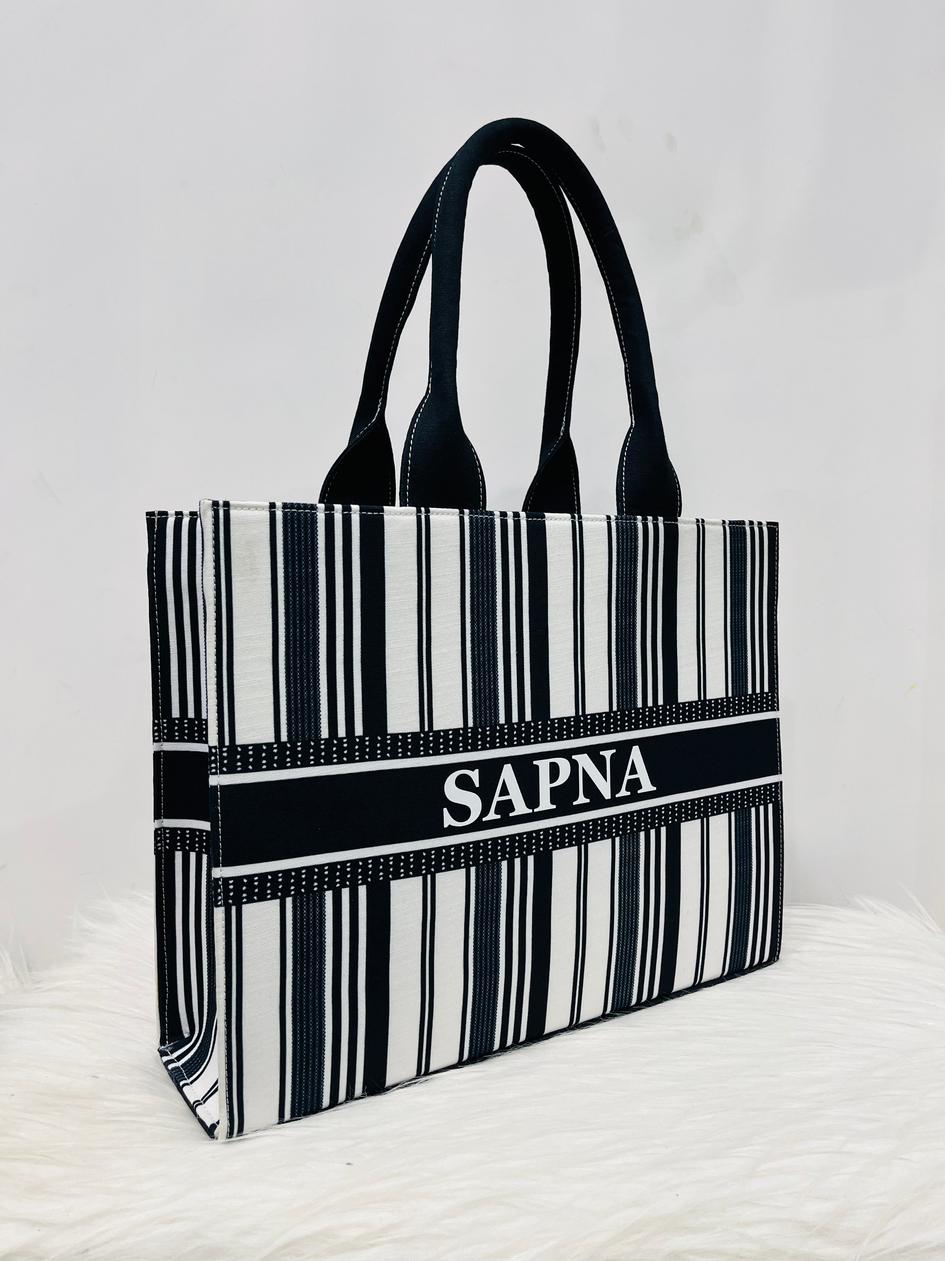 Black And White Stripe Tote Bag with your Name