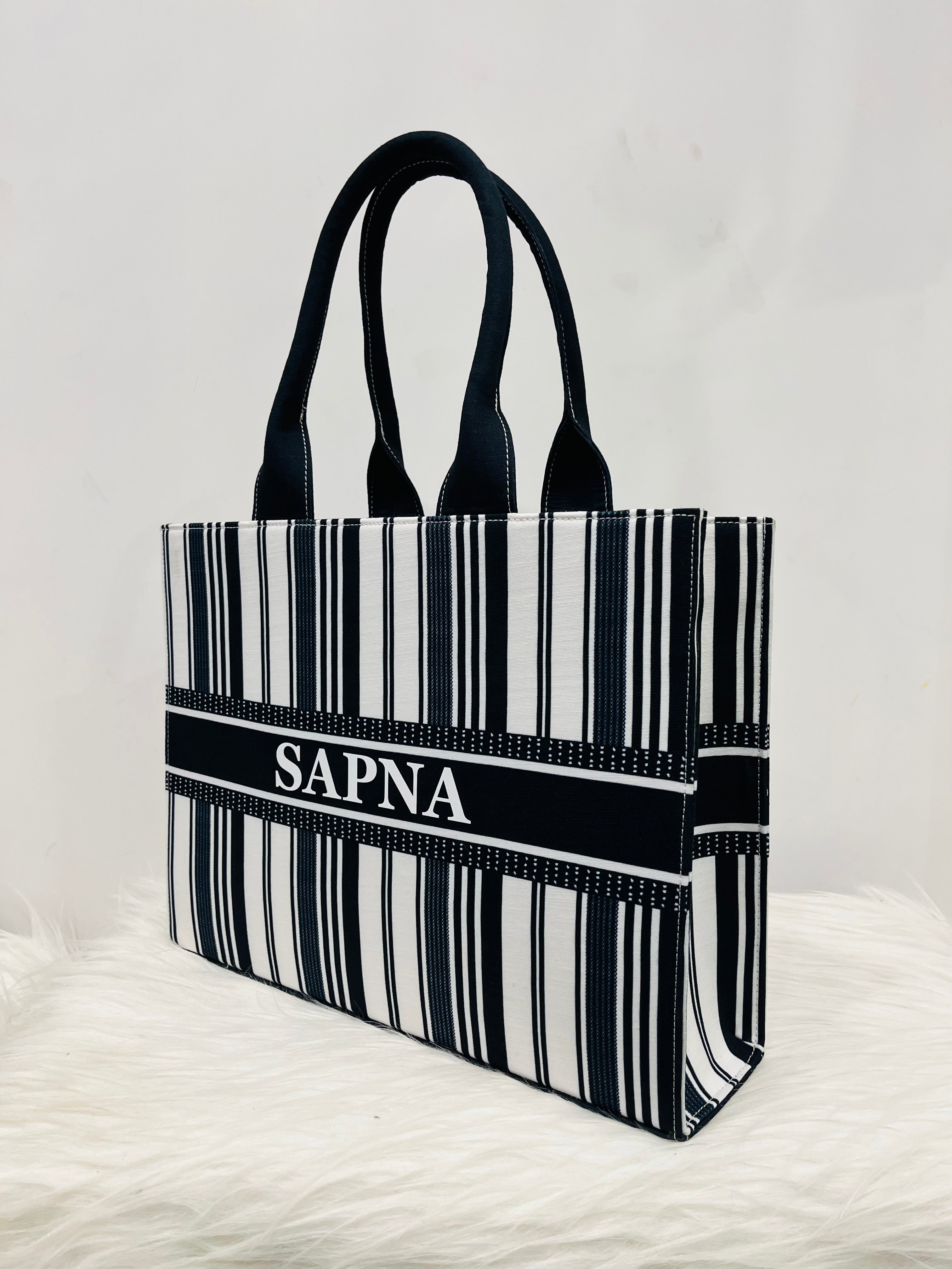 Black And White Stripe Tote Bag with your Name