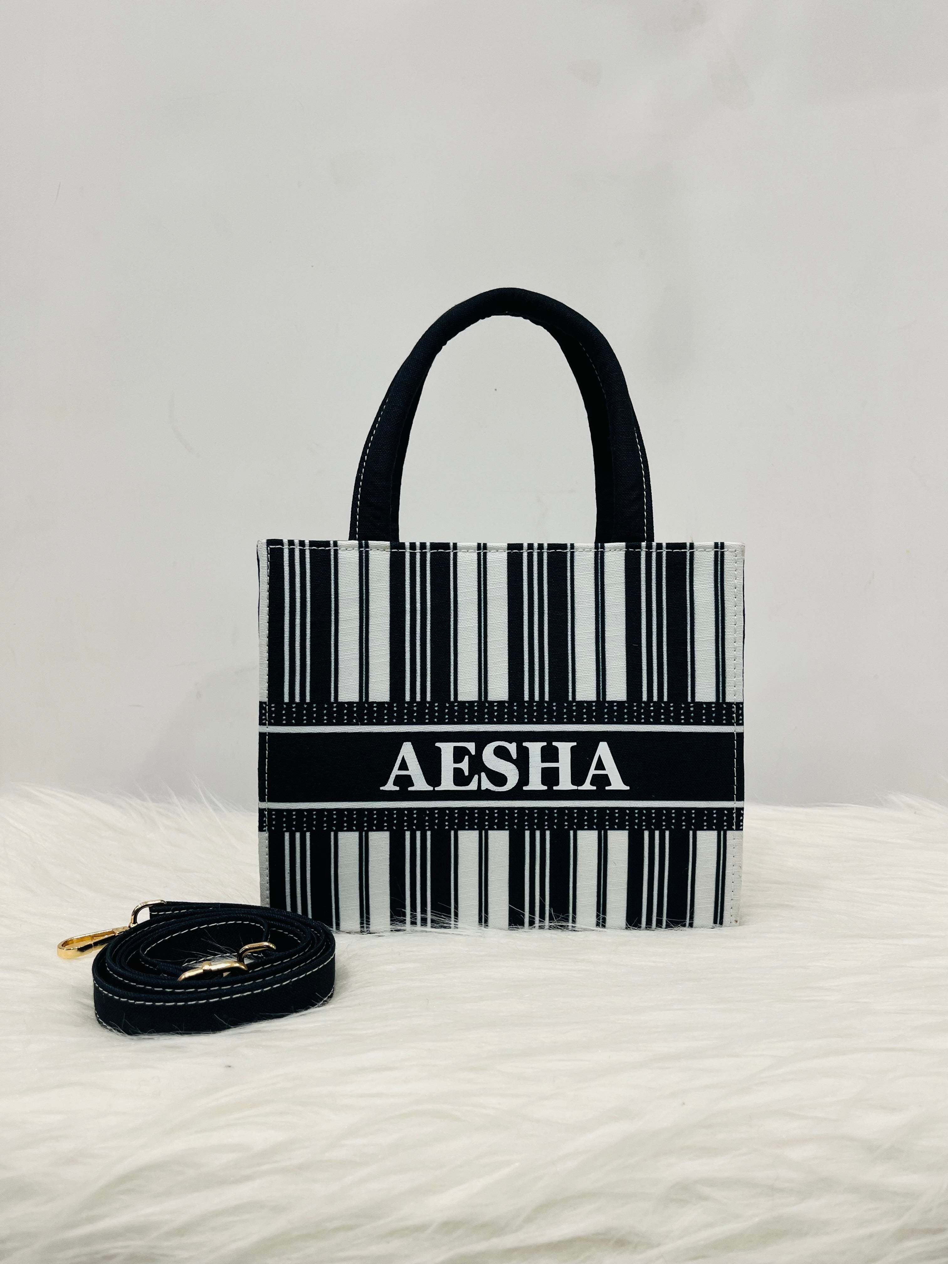 Black And White Stripe Mini Tote Bag With Your Name