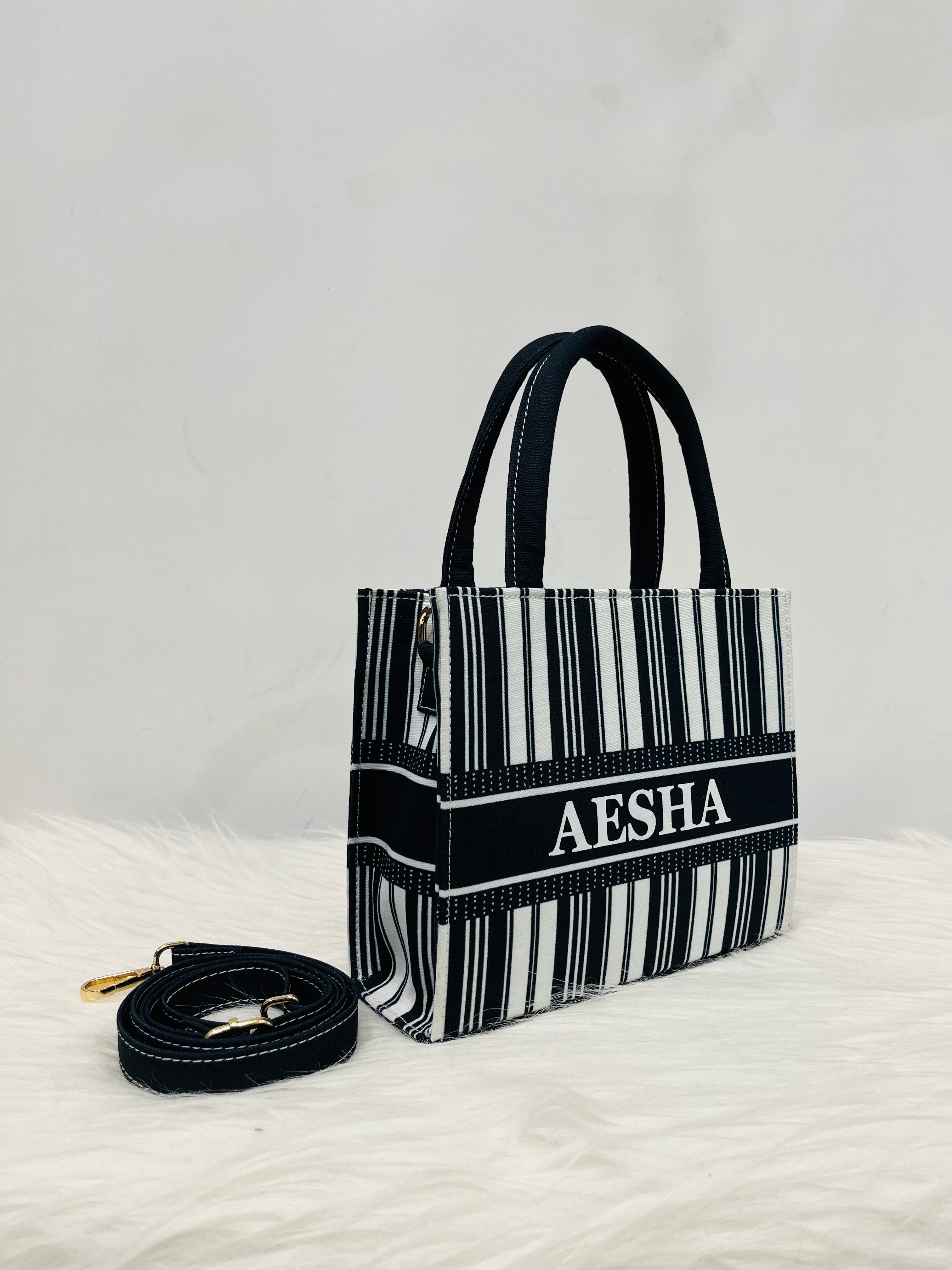 Black And White Stripe Mini Tote Bag With Your Name