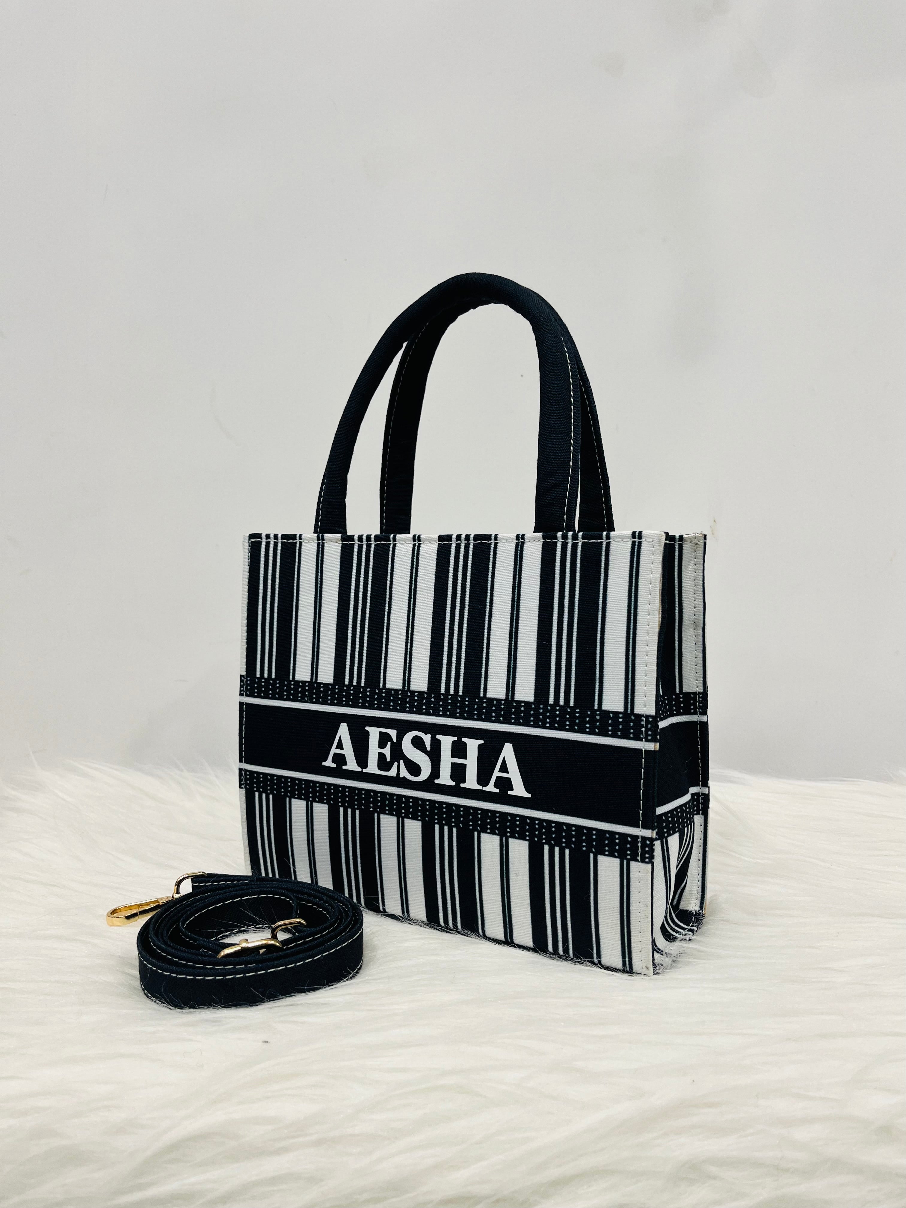 Black And White Stripe Mini Tote Bag With Your Name