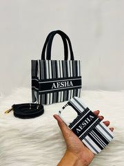 Black And White Stripe Mini Tote Bag With Your Name