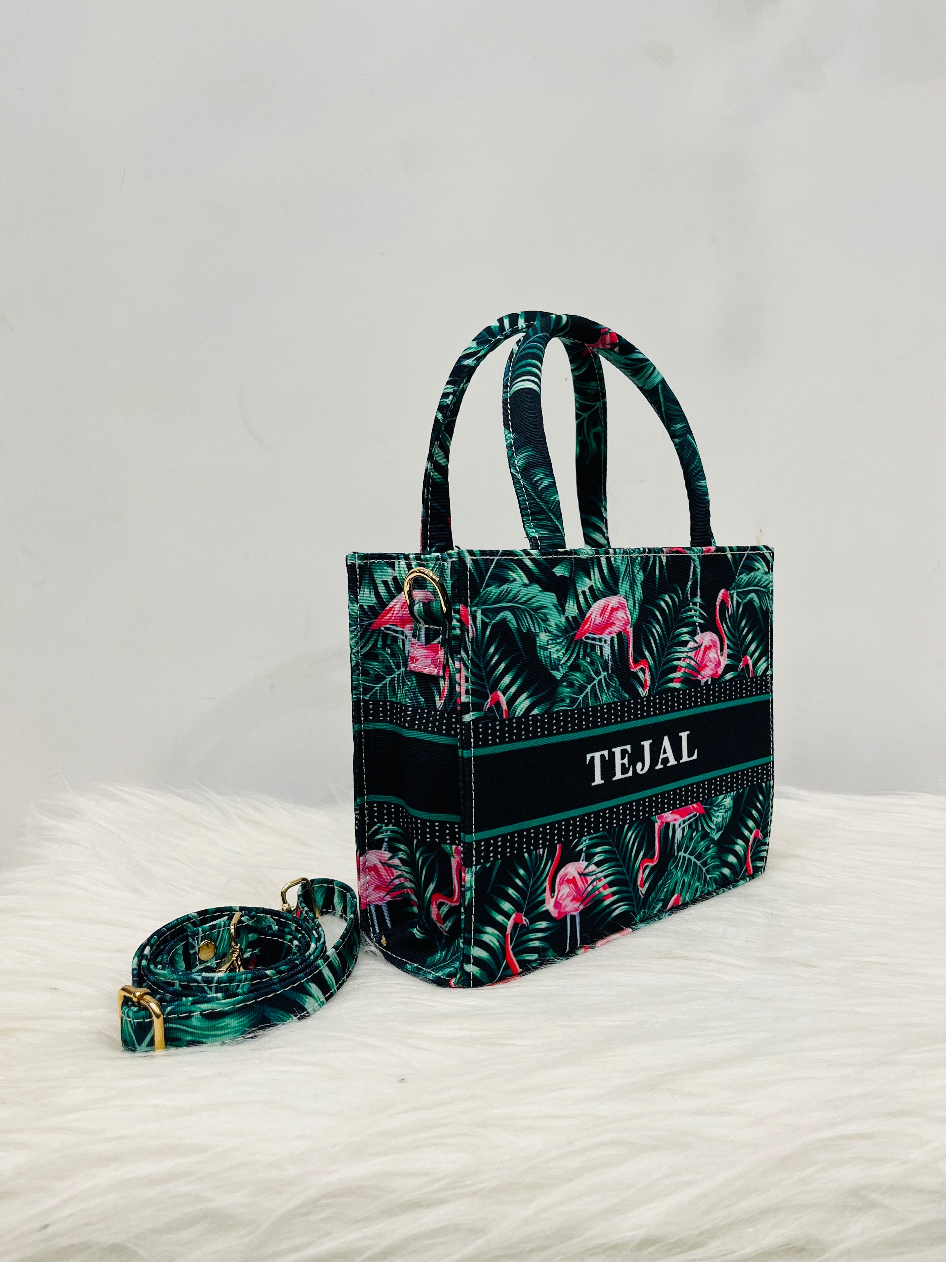 Flamingo And Leaves MINI Tote Bag With Your Name