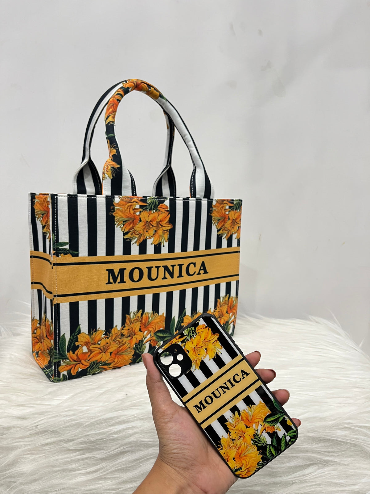 Golden yellow stripes tote bag with your name