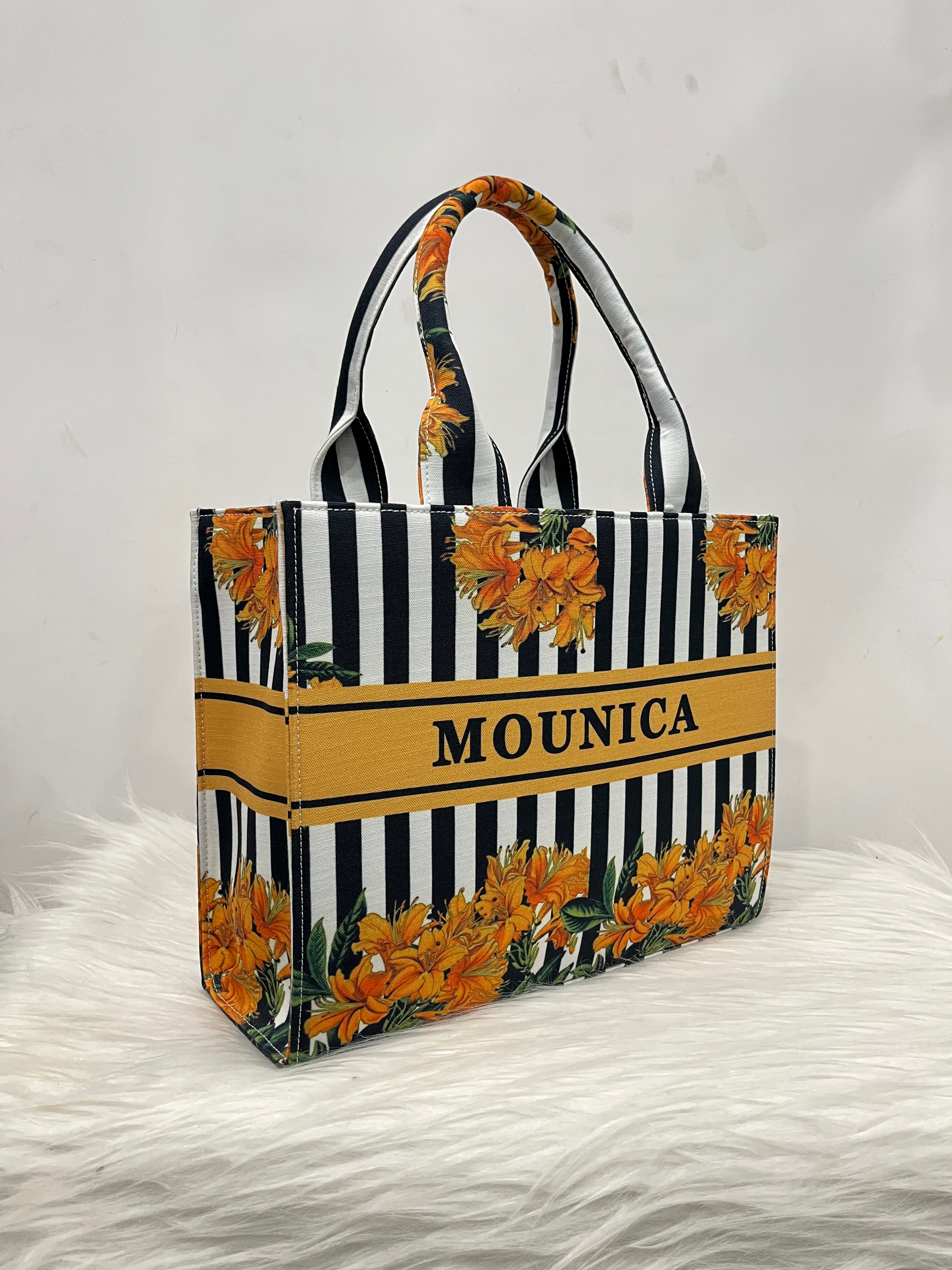 Golden yellow stripes tote bag with your name