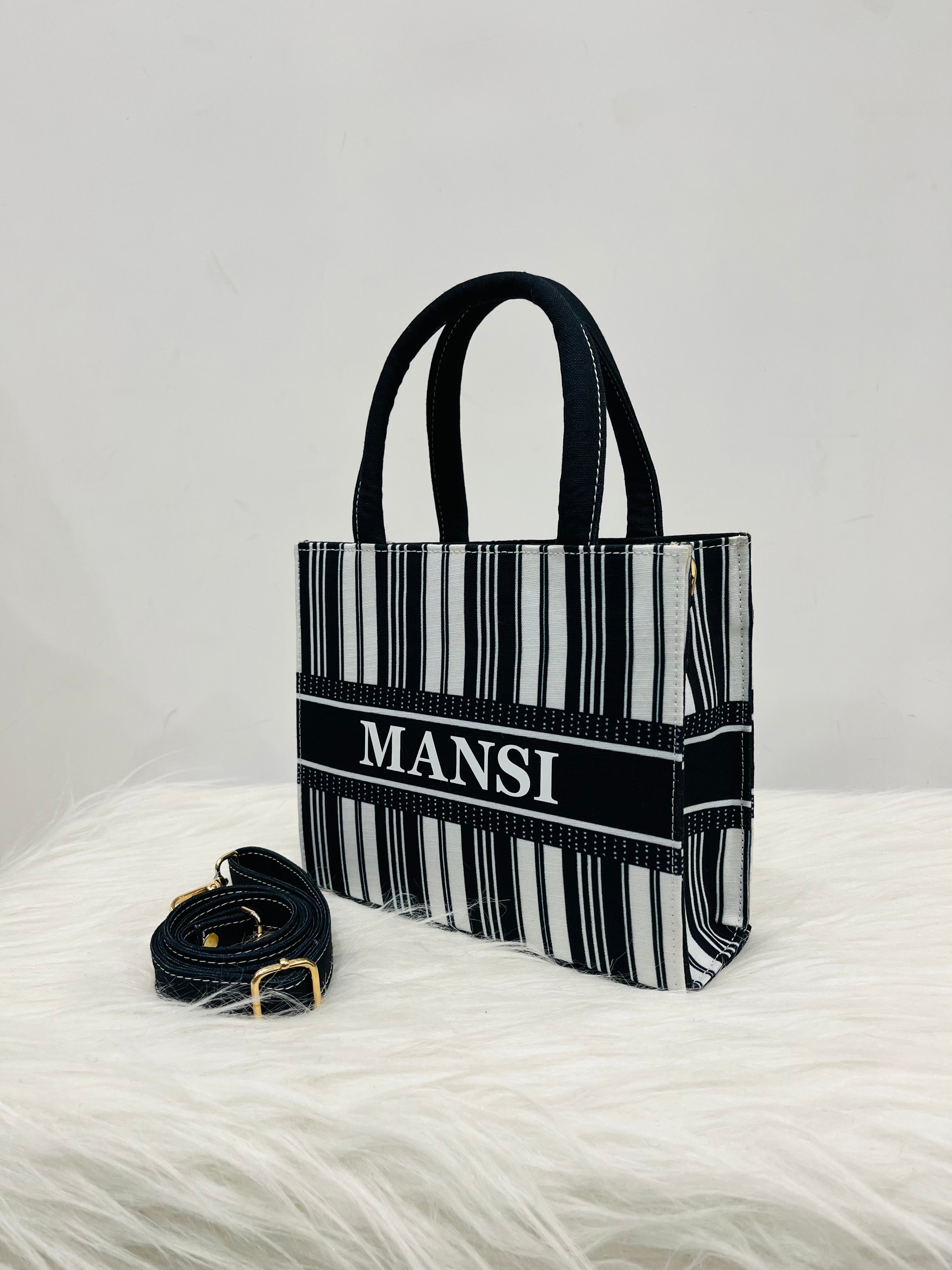 Black And White Stripe Mini Tote Bag With Your Name