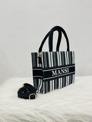 Black And White Stripe Mini Tote Bag With Your Name