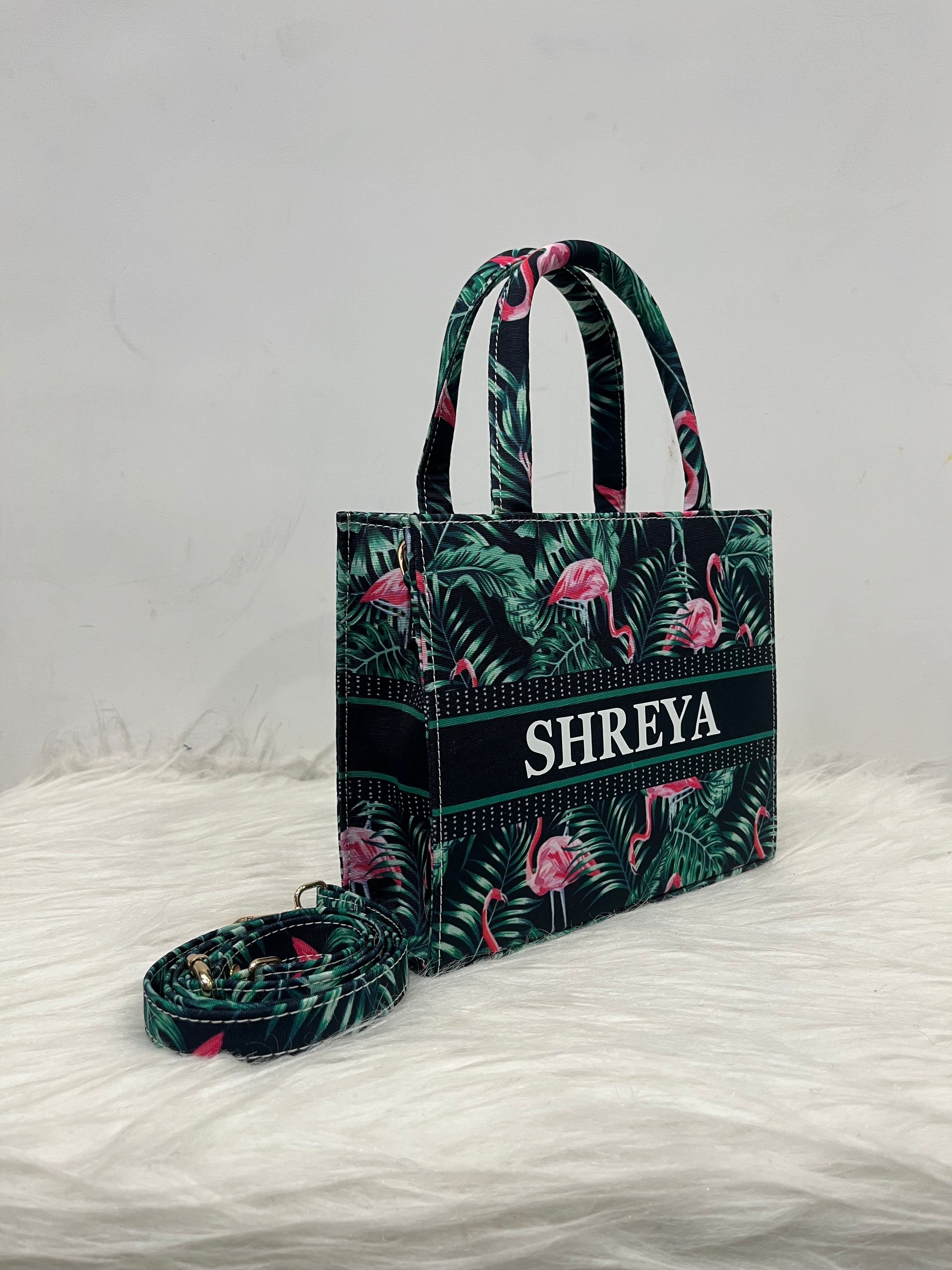 Flamingo And Leaves MINI Tote Bag With Your Name