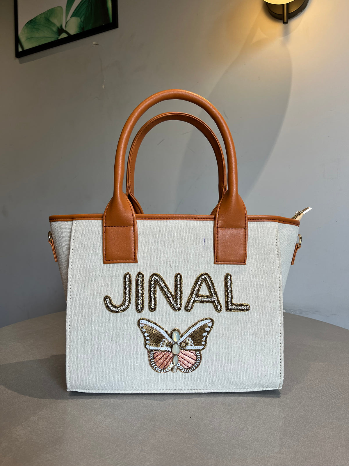 Beige Mini Canvas Sling Bag With Your Name