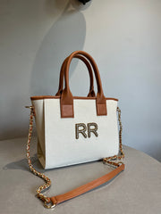 Beige Mini Canvas Sling Bag With Your Name