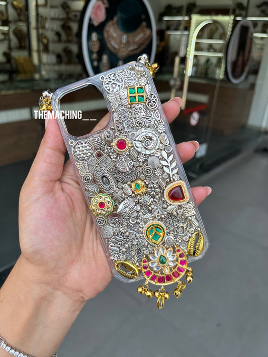 Silver Kundan AA Design With Hanging Luxury Fancy Phone Case